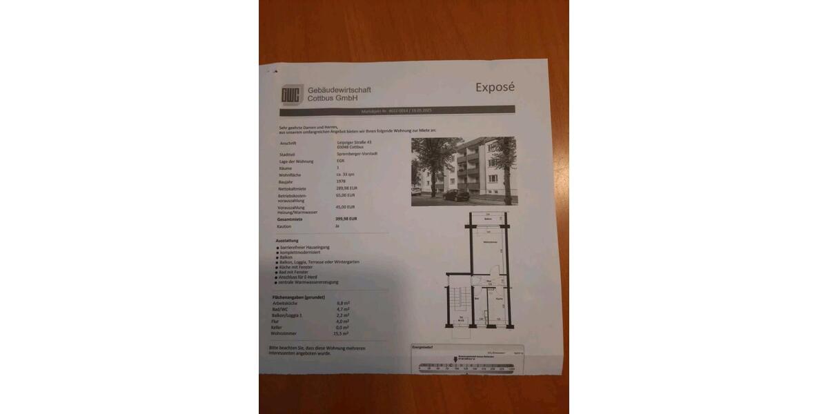 Etagenwohnung Cottbus Sachsendorf - 1 Zimmer, 33 m&sup2;, 1.200&euro; | Angebot:26367639