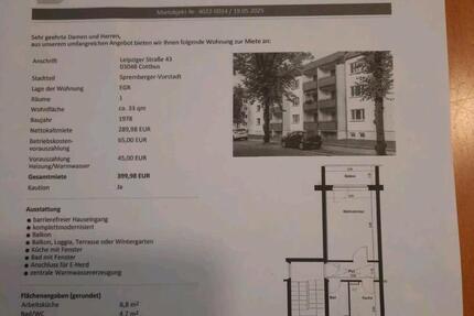 Wohnung Cottbus Sachsendorf - 1 Zimmer, 33 m&sup2;, 1.200&euro; | Angebot:26367639